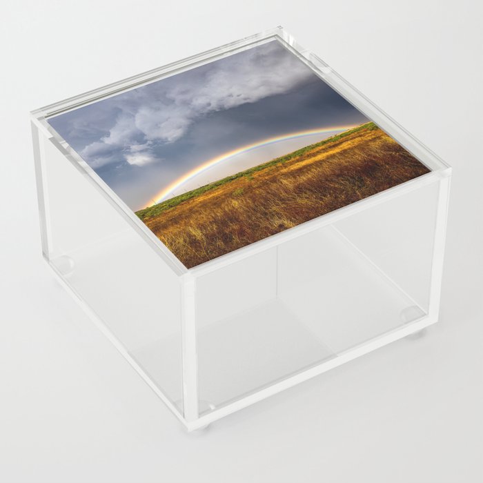 Vibrant Horizon - Brilliant Rainbow Low on the Horizon Under Storm Clouds on Stormy Spring Day in Texas Acrylic Box
