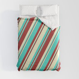 [ Thumbnail: Brown, Light Yellow, and Turquoise Colored Lined Pattern Duvet Cover ]