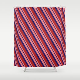 [ Thumbnail: Light Coral, Midnight Blue, and Red Colored Stripes/Lines Pattern Shower Curtain ]