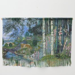 Wilderness Landscape, Wild Foxglove Flowers, White Birch, Stream & Cattle by Nikolai Astrup Wall Hanging
