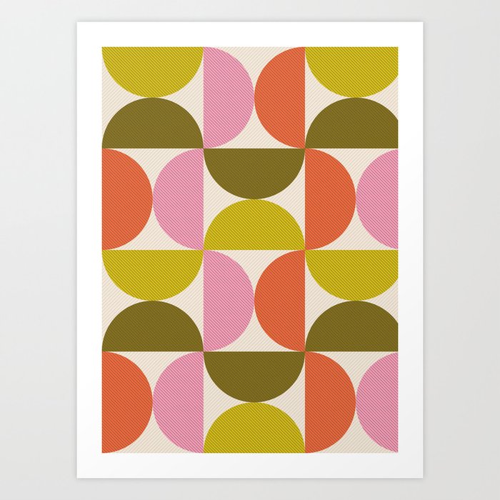 Mid Century Modern Shapes - Pink, Olive Green & Orange Art Print