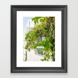 Greek Street Scene Full of Sun and Plants | Green and Blue Travel Photography | Cyclades, Greece Framed Art Print