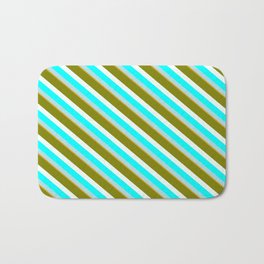 [ Thumbnail: Eye-catching Green, Mint Cream, Aqua, Powder Blue, and Goldenrod Colored Striped/Lined Pattern Bath Mat ]