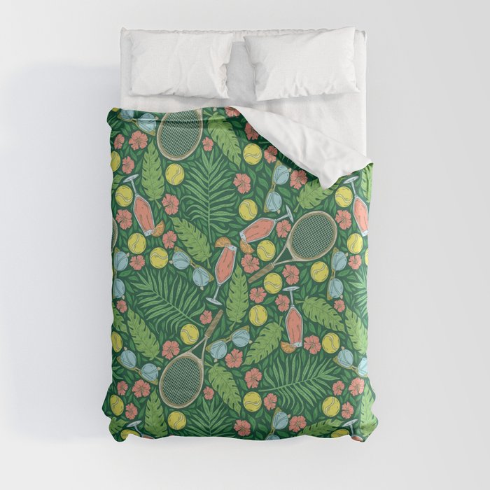 Tennis racket and ball among flowers and leaves Duvet Cover