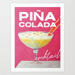 Pina Colada Retro Poster Big Glass Bar Prints, Vintage Drinks, Recipe, Wall Art Art Print