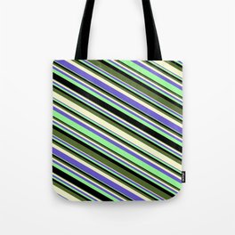 [ Thumbnail: Eye-catching Green, Black, Dark Olive Green, Light Yellow, and Slate Blue Colored Stripes Pattern Tote Bag ]