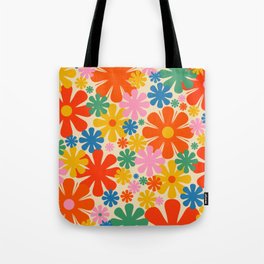 Retro 60s 70s Aesthetic Floral Pattern in Rainbow Pop Colours Tote Bag