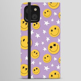 Retro pattern with smiling emoticons and different emotions. On a purple background with stars in hippie style  iPhone Wallet Case