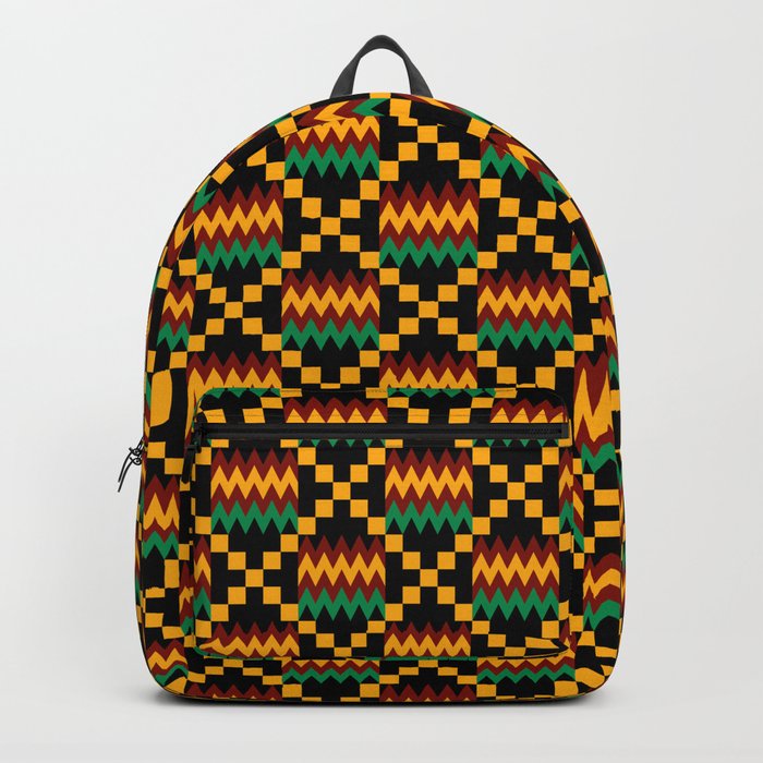 Green Dark Red Yellow Gold Kente Cloth On Black Backpack By