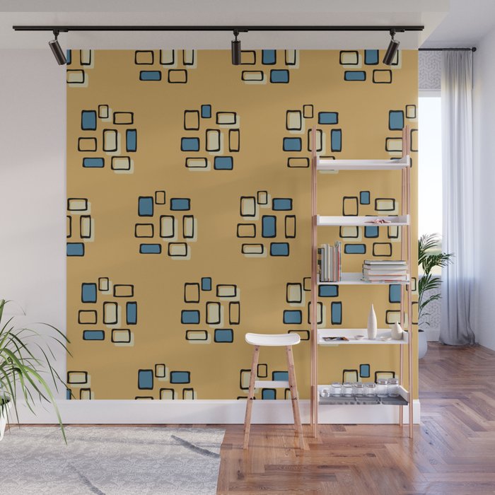 Retro Mid Century Modern Block Pattern 423 Black Beige Yellow and Blue Wall Mural