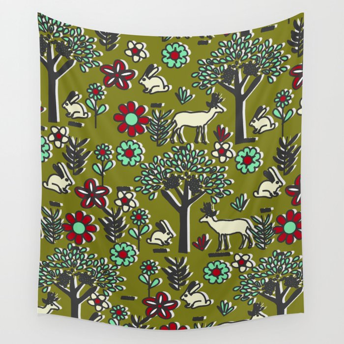 Joyful orchard with bunnies and deer Wall Tapestry