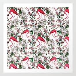 Vintage & Shabby Chic - Retro Flamingo and Lily Pattern Art Print