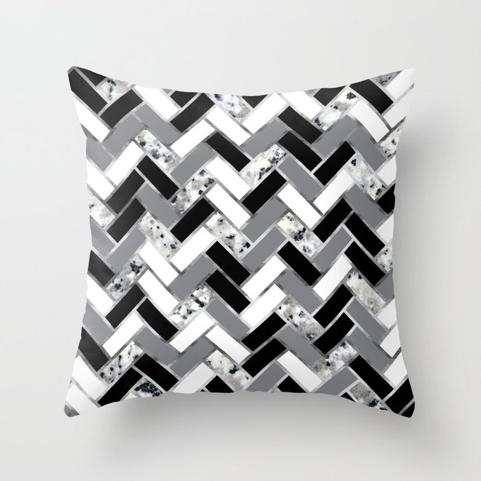 Shuffled Marble Herringbone - Black White Gray Silver Throw Pillow