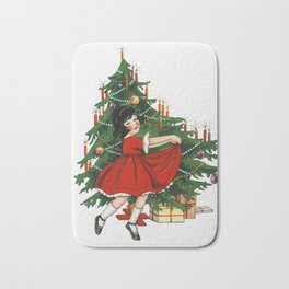 Vintage Christmas: Happy Little Girl in front of Christmas Tree Bath Mat