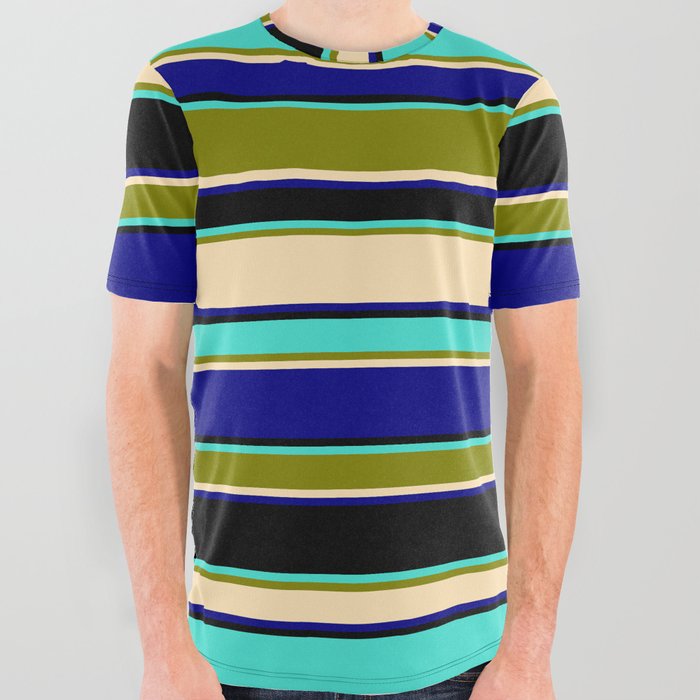 Turquoise, Green, Beige, Blue & Black Colored Striped/Lined Pattern All Over Graphic Tee