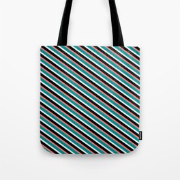 [ Thumbnail: Light Coral, Dark Cyan, Light Cyan, and Black Colored Lined/Striped Pattern Tote Bag ]