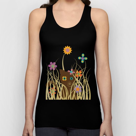 Whimsical Blooming Flowers and Brown Kitty Cat Unisex Tank Top