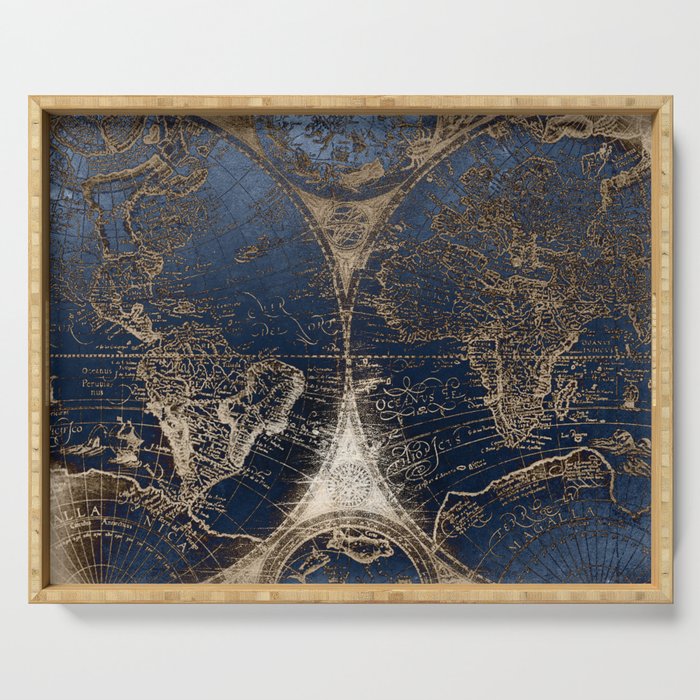 World Map Deep Blue and Gold Serving Tray