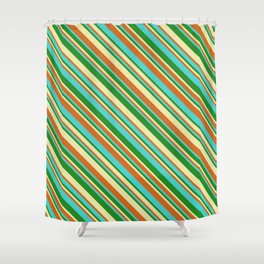 [ Thumbnail: Pale Goldenrod, Chocolate, Turquoise & Forest Green Colored Lines Pattern Shower Curtain ]