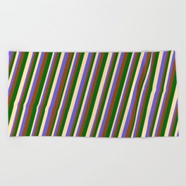 [ Thumbnail: Beige, Slate Blue, Brown, and Dark Green Colored Lines/Stripes Pattern Beach Towel ]