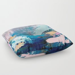 Waves: an abstract mixed media piece in black, white, blues, pinks, and brown Floor Pillow