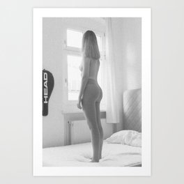 Black and white portrait. Topless and in tights standing on the bed with the view out of the window. On her left side a tennis racket on the wall. Art Print | Photo, Nude, Sensual, Norway, Person, Beauty, Art, Love, Model, Black And White 
