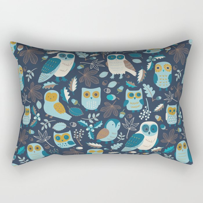 Autumn Owls - Teal and Mustard on Navy - Cute woodland pattern by Cecca Designs Rectangular Pillow