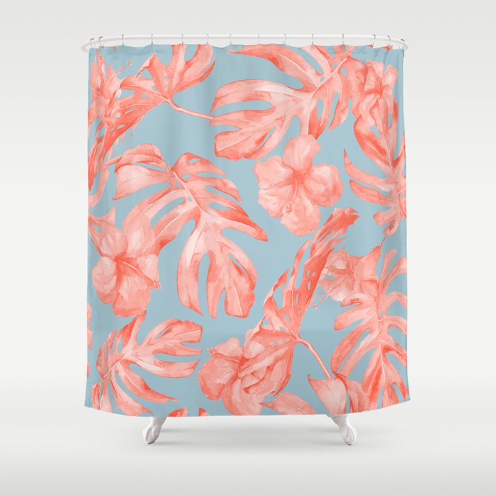 Island Life Coral on Light Blue Shower Curtain
