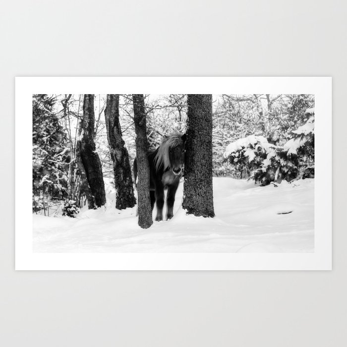 Chestnut Horse Between Trees in Snowy Winter Landscape - Black & White Art Print