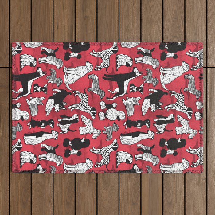 Geometric sweet wet noses // red watercolour texture background black and white dogs Outdoor Rug