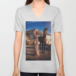 Lord of the manor; blond with horse magical realism female portrait color photograph / photography V Neck T Shirt