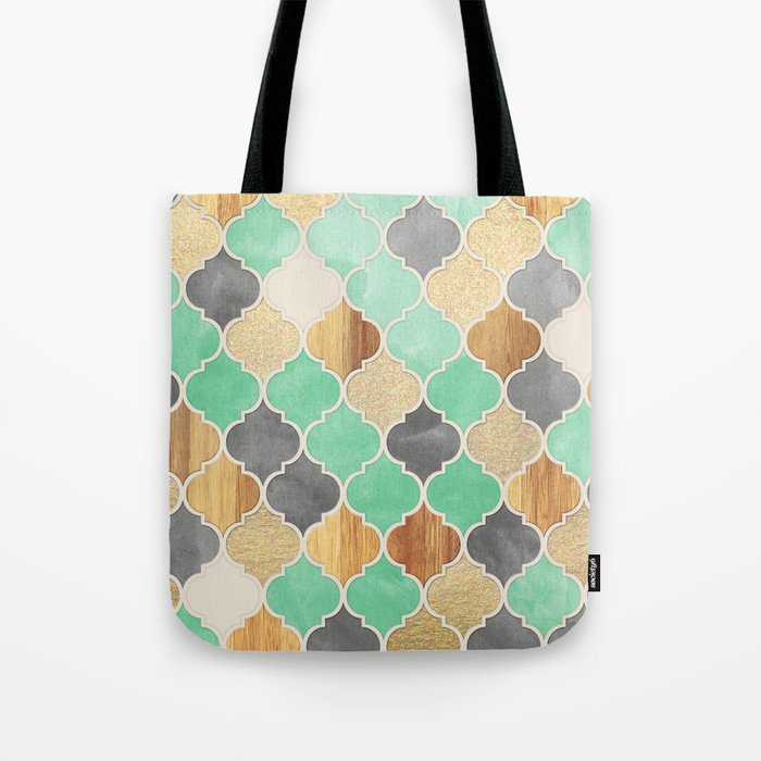 Charcoal, Mint, Wood & Gold Moroccan Pattern Tote Bag