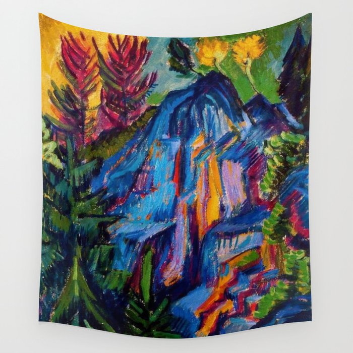 Floral Mountain Landscape with Blue Rocks by Ernst Ludwig Kirchner Wall Tapestry