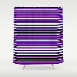[ Thumbnail: Dark Orchid, Indigo, Light Cyan, and Black Colored Striped/Lined Pattern Shower Curtain ]