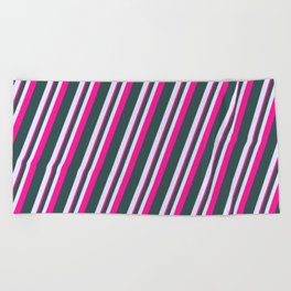 [ Thumbnail: Dark Slate Gray, Lavender & Deep Pink Colored Lines/Stripes Pattern Beach Towel ]