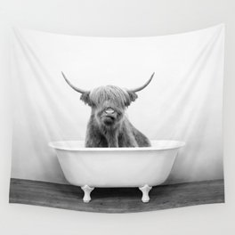 Highland Cow in a Vintage Bathtub Rustic Bath Style (bw) Wall Tapestry