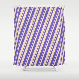[ Thumbnail: Tan & Slate Blue Colored Striped Pattern Shower Curtain ]