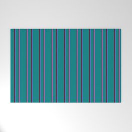 [ Thumbnail: Teal, Maroon & Medium Slate Blue Colored Lined/Striped Pattern Welcome Mat ]