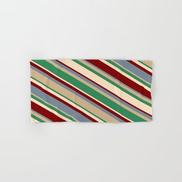 [ Thumbnail: Vibrant Light Slate Gray, Tan, Sea Green, Bisque, and Maroon Colored Lines Pattern Hand & Bath Towel ]