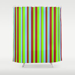 [ Thumbnail: Red, Light Sky Blue, and Chartreuse Colored Lined/Striped Pattern Shower Curtain ]