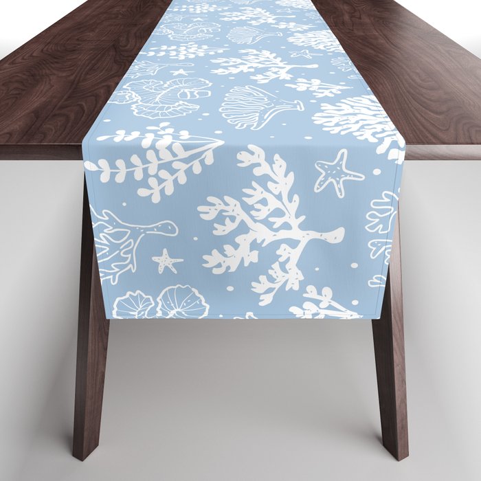 Pale Blue And White Coral Silhouette Pattern Table Runner