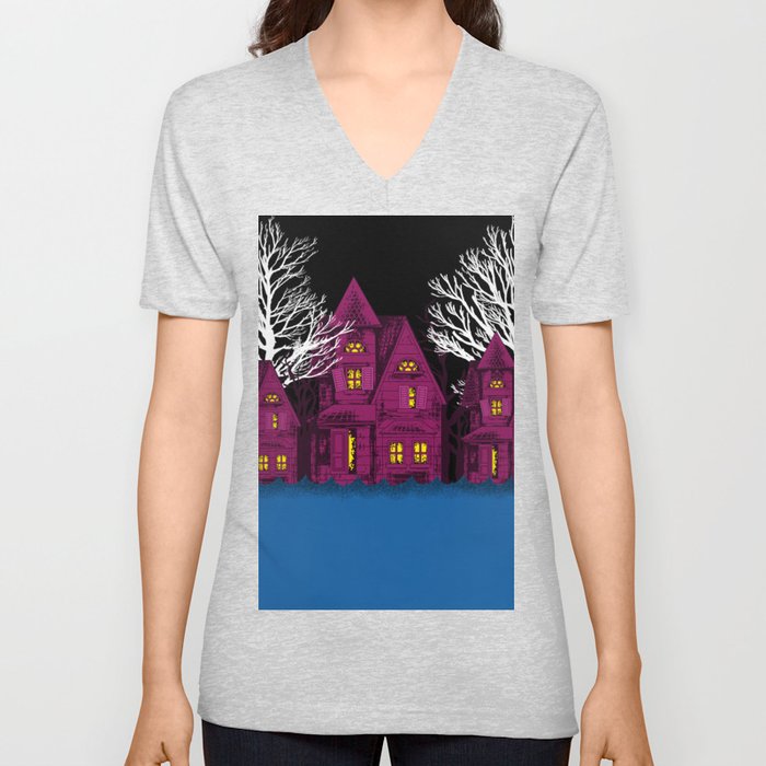 Blue sea and haunt horror house night landscape  V Neck T Shirt