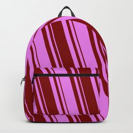 [ Thumbnail: Maroon & Violet Colored Lined Pattern Backpack ]