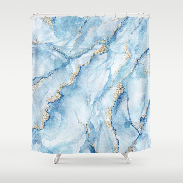 White blue marble with gold glitter veins Shower Curtain
