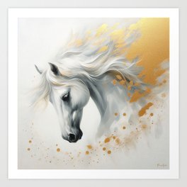 White horse with white mane on golden background. Art Print