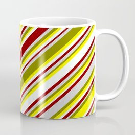 [ Thumbnail: Eyecatching Green, Yellow, Mint Cream, Dark Red, and Light Gray Colored Lined Pattern Coffee Mug ]