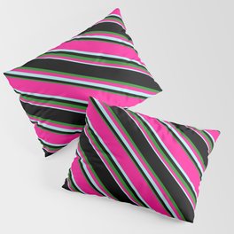 [ Thumbnail: Black, Forest Green, Deep Pink & Turquoise Colored Lined Pattern Pillow Sham ]