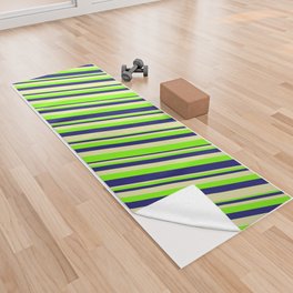 [ Thumbnail: Pale Goldenrod, Chartreuse & Midnight Blue Colored Lines Pattern Yoga Towel ]