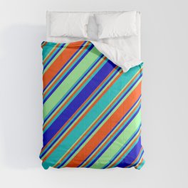 [ Thumbnail: Dark Turquoise, Blue, Green, and Red Colored Striped Pattern Comforter ]