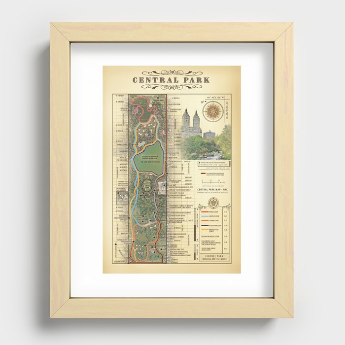NYC's Central Park [Vintage Inspired] "San Remo" Running route map Recessed Framed Print